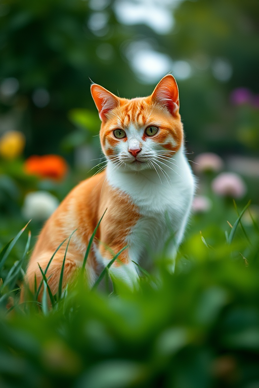 Generate a high-resolution image of a ginger and white cat sitting in a lush green garden, shot with a Canon EOS R5 at f/2.8, ISO 100, 1/250 sec, taken from a low angle with a shallow depth of field to create a soft bokeh effect in the background.