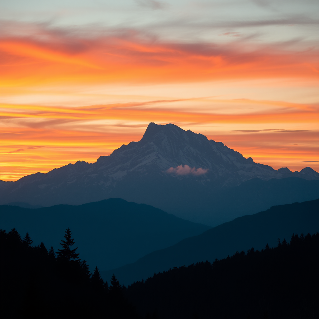 Generate a high-resolution image of a majestic mountain landscape during sunset with vibrant colors, captured using a Canon EOS R5 at f/8, ISO 100, 1/250s, using a wide-angle lens from a low angle perspective for an immersive view.