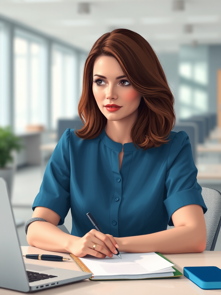 Create a digitally illustrated image of a woman with medium-length brown hair, wearing a blue blouse while sitting at a desk with a notebook, holding a pen thoughtfully, in a modern office setting with soft lighting, using a DSLR camera with a 50mm lens, f/2.8 aperture, ISO 100, and a portrait orientation for a sharp focus and vibrant colors.