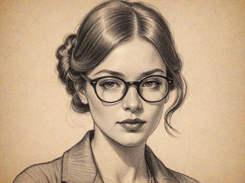 Ravishing Summer Walker, pencil sketch, portrait of Lovely woman 1920s in glasses, hair style beatnik, outline, clear lines, fine lines, 8k