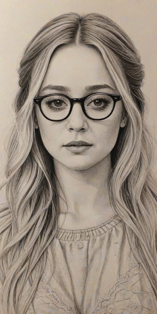 Wonderful Billie Lourd, pencil sketch, portrait of Comely woman 1977s in glasses, hair style beatnik, outline, clear lines, fine lines, 8k
