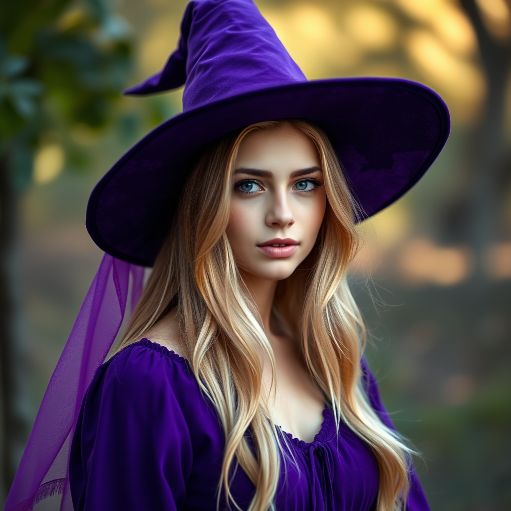regenerate an image of a young woman wearing a purple witch hat and dress with long blonde hair, portrait mode, shallow depth of field, 85mm lens, aperture f/1.8, soft natural lighting, high-resolution DSLR camera