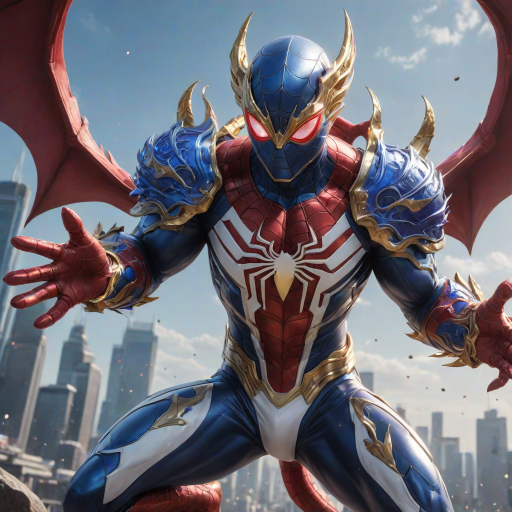 A high-budget, anime-style wallpaper featuring Spiderman in an epic White, blue red Kirin armor. Golden dragon gloves, the gloves is in the shape of dragon heads, Golden dragon head gloves, White glossy eyes, The armor is designed with metallic details that reflect light, showcasing intricate Kirin motifs. Spiderman's armor is a striking gradient of blue, red and white, with Colorful galaxy inner sections, making it look both powerful and sleek. The background is flat white, with Kirin-shaped blue-violet glowing rune relic to give the impression power, striking pose, the Kirin's armor is dominantly in white, with some details in blue and red, Cinematic anime action scene, cinematic action pose, medium shot action portrait, dramatic effect of shadow and light.