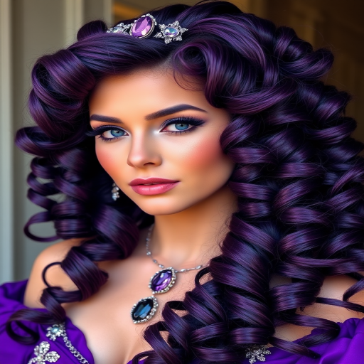 Regal deep purple curls cascading in voluminous ringlets, adorned with glittering amethyst jewels, creating a look fit for royalty called "Imperial Amethyst"