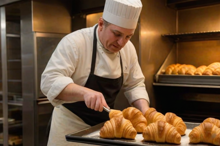 Warm, softly lit image of a baker pulling a tray of freshly baked croissants from the oven, soft steam rising from the golden pastries, with a small chalkboard menu visible in the background.