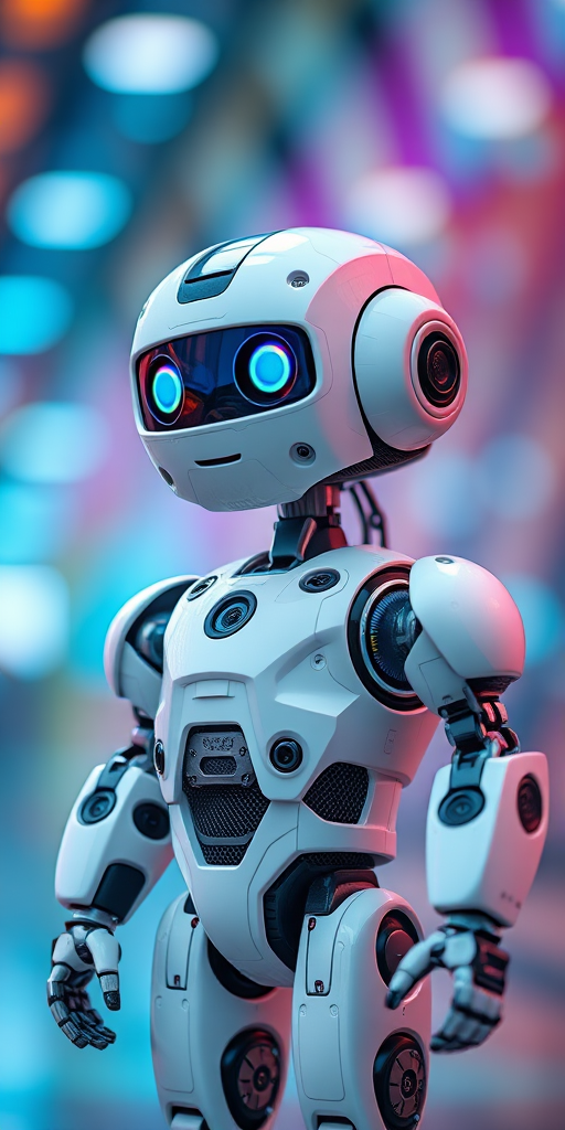 Create an image of a cute, humanoid robot with intricate mechanical details, standing in a vibrant, colorful environment, using a Canon EOS R5 with a 50mm f/1.2 lens at ISO 100, aperture f/2.8, and a shallow depth of field to enhance image quality and focus on the robot.