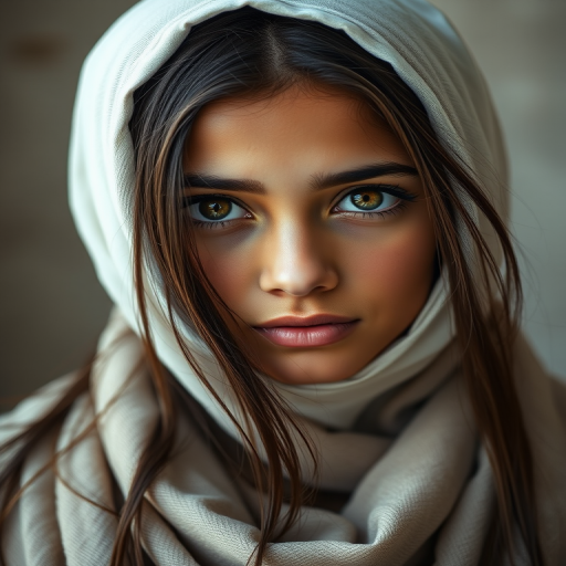 Create a portrait of a young Chaldean female with long, dark hair and captivating hazel eyes. She is wearing a white headscarf and a matching scarf draped gracefully around her neck. The background is softly blurred, focusing attention on her serene and natural expression. The overall color palette is muted and warm, enhancing the intimate and authentic feel of the portrait.