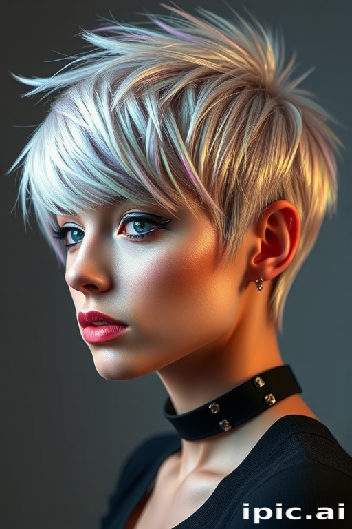 Futuristic holographic pixie cut named "Prism Punk" reflecting an array of metallic hues as light hits the precisely angled layers and textured fringe