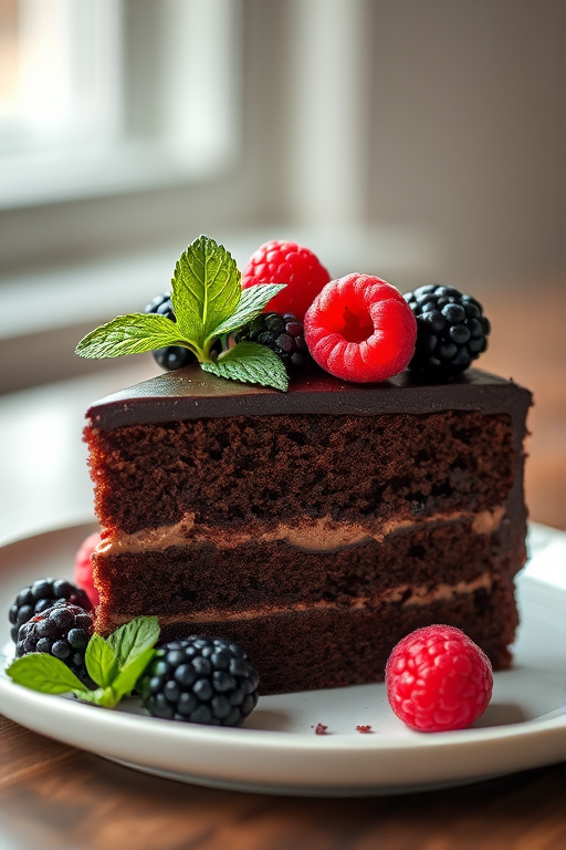 A beautifully arranged slice of chocolate cake with layers visible, topped with fresh raspberries, blackberries, and mint leaves, shot in soft natural light, using a 50mm f/1.8 lens, aperture set at f/2.8, ISO 100, with a shallow depth of field to create a blurred background effect.