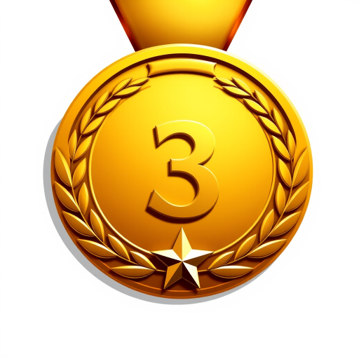 Create a high-resolution illustration of a gold medal with the number three prominently displayed in the center, encircled by laurel leaves, featuring a star at the bottom, using a DSLR camera with a 50mm lens, aperture set to f/2.8, ISO 100, and natural lighting for optimal detail and color vibrancy.