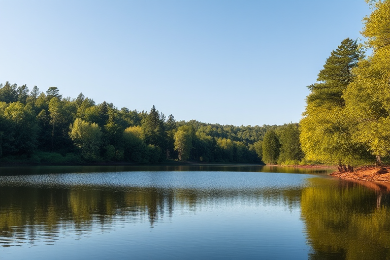 Create a high-resolution image of a serene landscape featuring a calm lake surrounded by lush green trees, captured with a DSLR camera using a 50mm lens, aperture set at f/8, ISO 100, and a shutter speed of 1/200 sec, in natural lighting with a wide-angle view to enhance depth and detail.