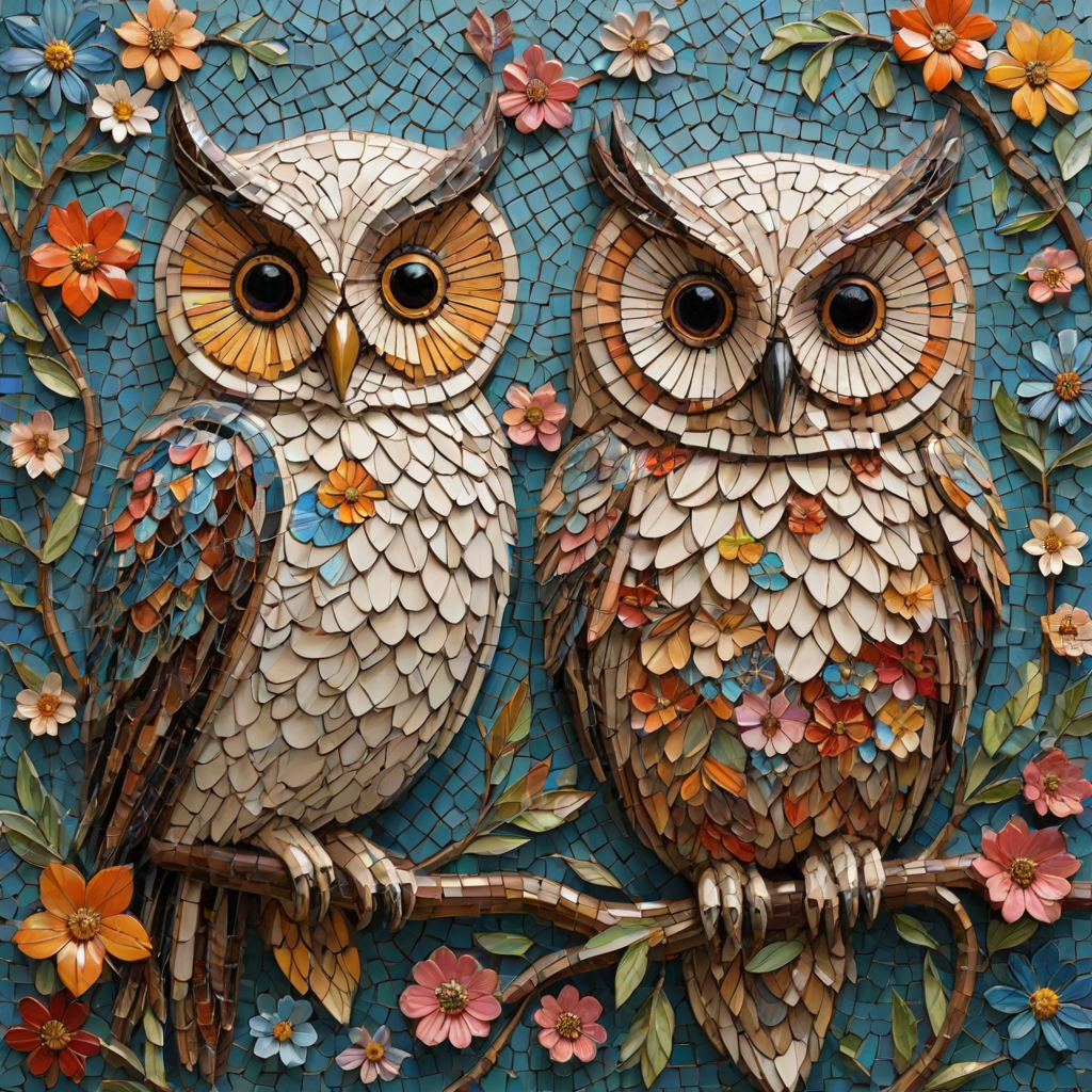 A mosaic of floral owls, each owl intricately composed of individual flower blossoms. The design showcases a delicate balance of nature and form, where the feathers of the owls are replaced by vibrant petals and blooms. The overall appearance is whimsical yet detailed, with each floral element contributing to the intricate patterns of the owl’s body. The artwork embraces a raw, organic style, with natural hues and soft textures, creating a harmonious blend of flora and fauna. The mosaic arrangement adds depth and visual intrigue to the piece, evoking a sense of wonder and artistic beauty.