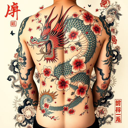 Elegant Japanese irezumi tattoo of a fierce dragon entwined with cherry blossoms, featuring bold colors and traditional motifs, flowing seamlessly across the entire back and arms