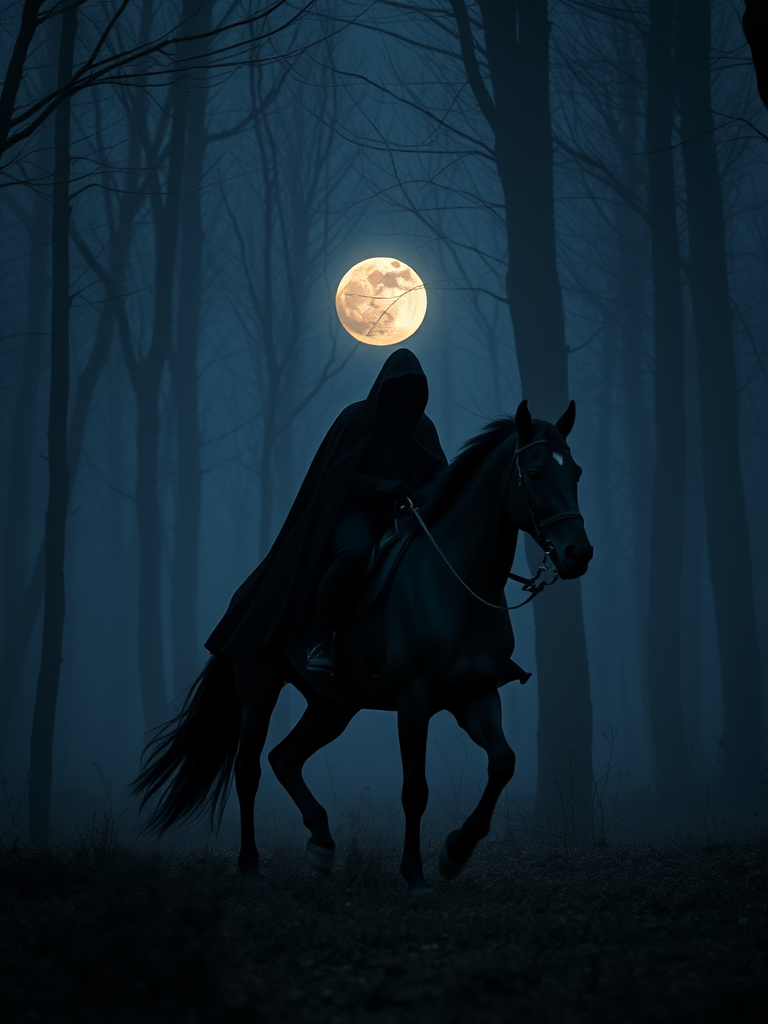 A mysterious figure cloaked in black riding a sleek black horse through a dark, foggy forest under a full moon, captured with a Canon EOS R5, 50mm lens, f/1.8 aperture, ISO 200, at dusk for enhanced contrast and detail.