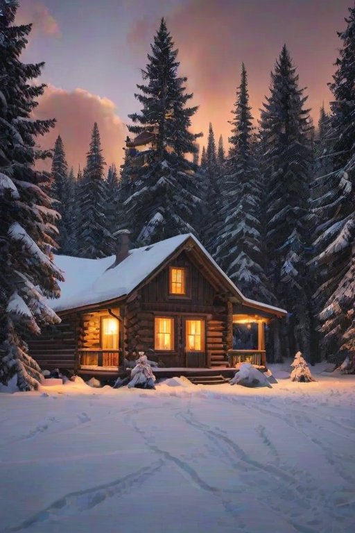 Warmly lit photo of a rustic cabin nestled in a snowy forest at twilight, soft light glowing from the windows, with snow-covered pine trees creating a peaceful, serene backdrop.