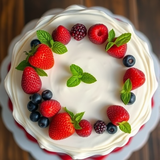 A top-down view of a beautifully decorated cake with white frosting, topped with an assortment of berries and mint leaves, natural lighting, aperture f/2.8, ISO 100, shutter speed 1/200 sec, DSLR camera, macro lens.