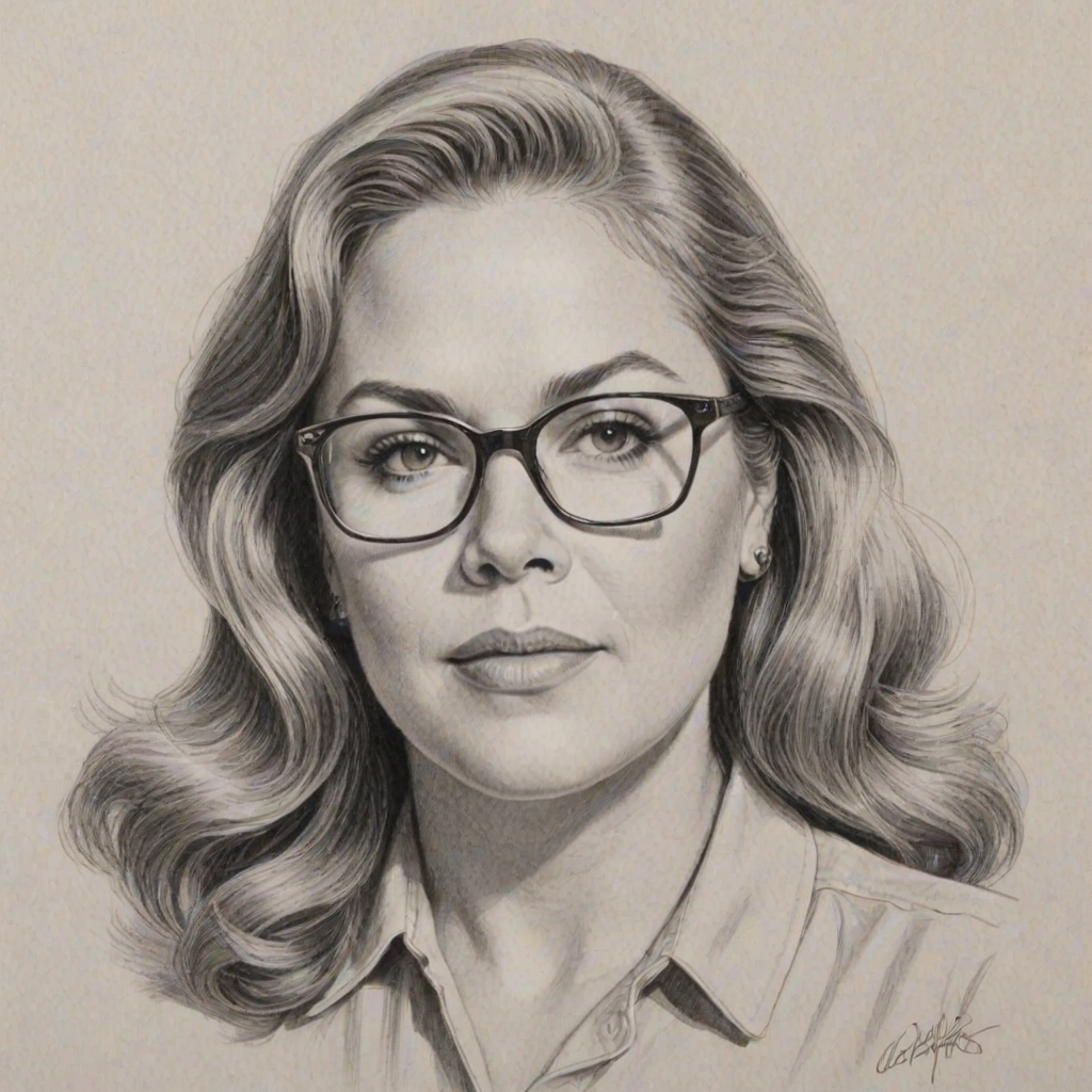 Superb Kathleen Turner, pencil sketch, portrait of Dazzling woman 1963s in glasses, hair style beatnik, outline, clear lines, fine lines, 8k