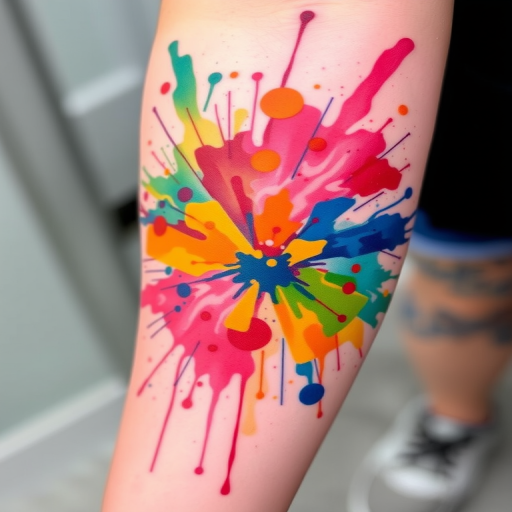 Watercolor splash tattoo named "Chromatic Explosion" depicting abstract bursts of vibrant colors blending and overlapping to create a dynamic and energetic composition, known for its spontaneous and artistic appearance