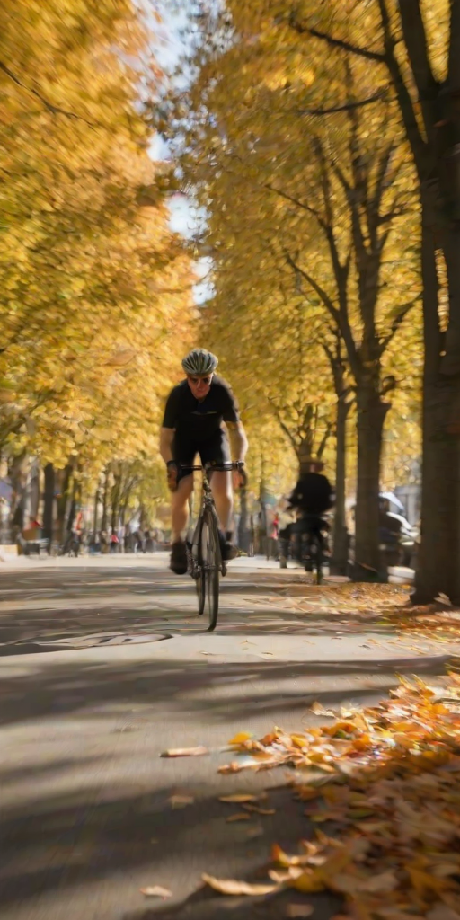 Blurry, fast-paced image of a cyclist speeding down a tree-lined street, autumn leaves swirling in the air, soft sunlight filtering through the trees, shadows stretching across the pavement, pedestrians glancing as the cyclist passes by.