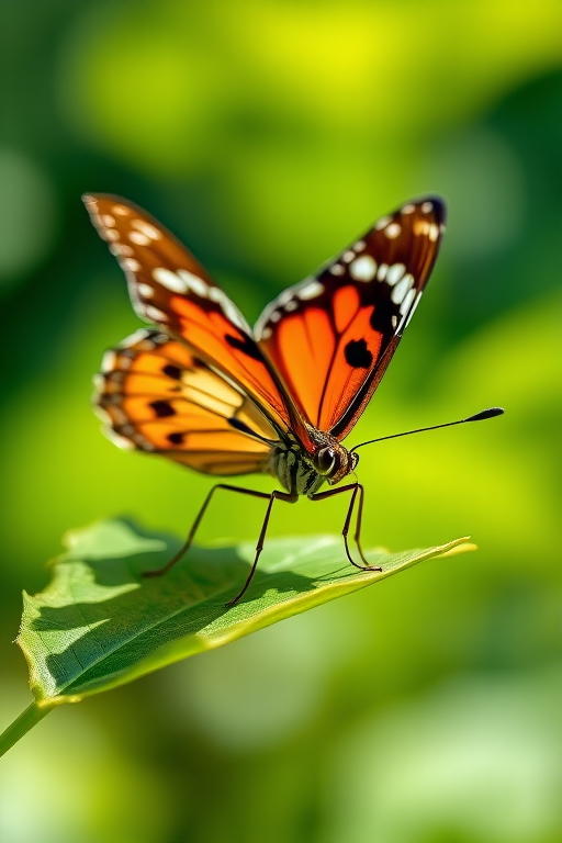 Close-up of a butterfly perched on a green leaf with a soft-focus background, using a DSLR camera with a 85mm lens at f/2.8, ISO 100, and a shutter speed of 1/200s, natural lighting to enhance colors and details.