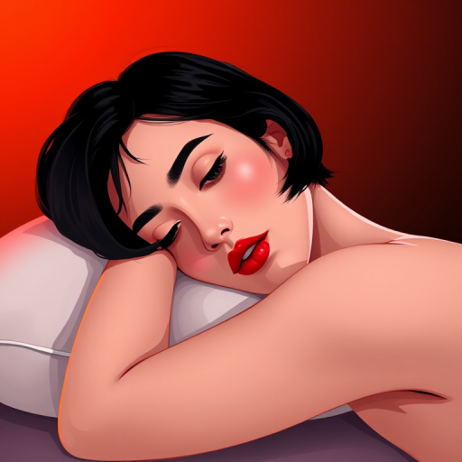 Create a high-resolution digital illustration of a woman with short black hair and vibrant red lips, resting her head on a white pillow, set against a gradient background transitioning from deep orange to black, using a Canon EOS R6 with a 50mm lens, aperture set at f/1.8, and soft focus to enhance depth and detail.