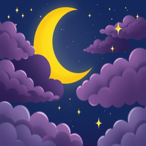 create a whimsical night sky illustration featuring a yellow crescent moon surrounded by purple and gray clouds, twinkling stars, shot with a DSLR camera at f/2.8, 50mm lens, ISO 100, with a soft focus style to enhance the vibrant colors and dreamy atmosphere