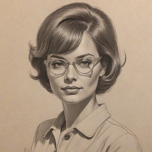Gorgeous Den'e Benton, pencil sketch, portrait of Fascinating woman 1960s in glasses, hair style beatnik, outline, clear lines, fine lines, 8k