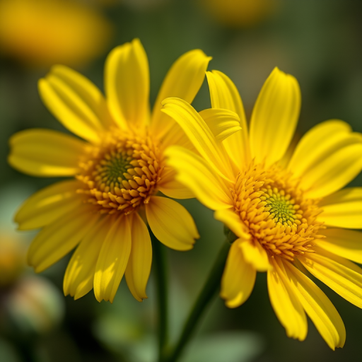 vibrant close-up of two yellow flowers with intricate details, shallow depth of field, 50mm lens, f/2.8 aperture, ISO 100, soft natural light, DSLR camera