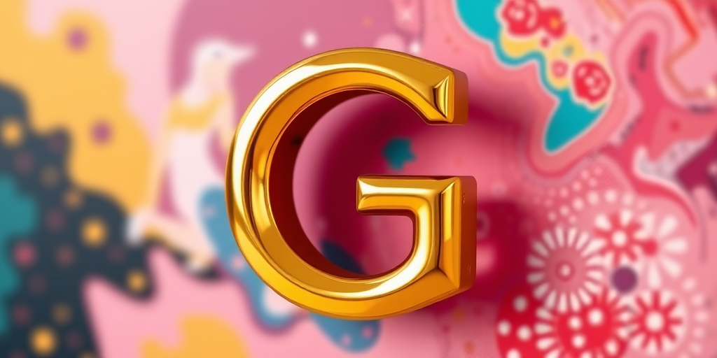 Create a 3D glossy golden letter "G" on a colorful abstract background with a depth of field effect, shot with a Canon EOS R camera at f/1.8 aperture, ISO 100, 50mm lens, with soft natural lighting.