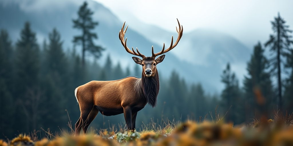 Create a realistic portrait of a majestic stag standing in a misty forest with mountains in the background, using a DSLR camera with a 50mm lens, f/2.8 aperture, ISO 100, and a shallow depth of field to enhance details and create a soft background blur.