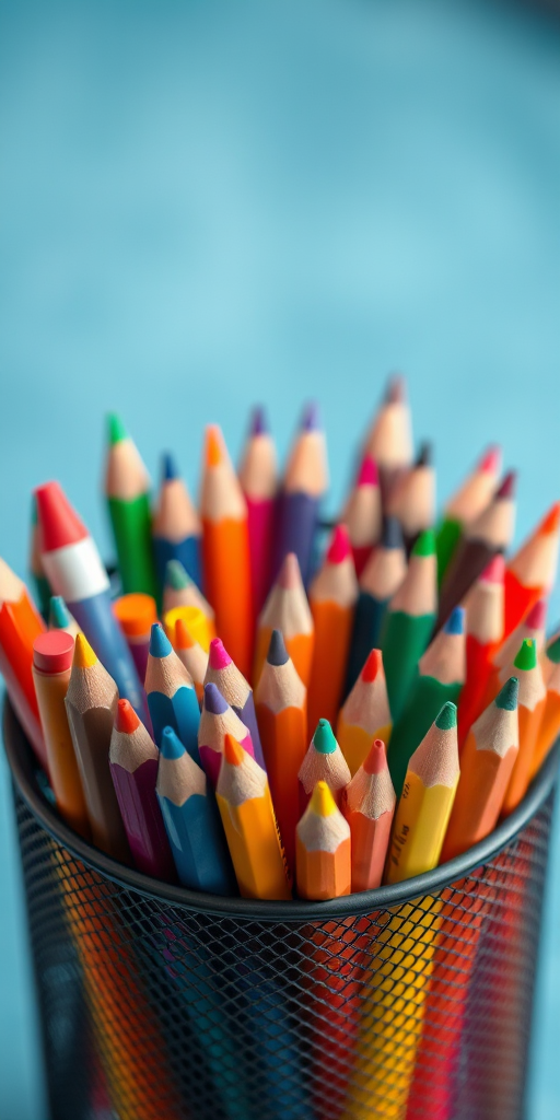 Regenerate a vibrant image of a pencil holder filled with colorful pens and markers, shot from a top-down view using a DSLR camera, aperture f/2.8, ISO 100, 50mm lens, soft focus background for enhanced depth and clarity.