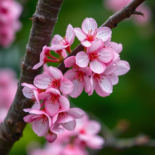 macro shot of pink cherry blossoms on a dark bark tree branch with a blurred green background, f/2.8 aperture, 1/100 sec shutter speed, ISO 200, taken with a DSLR camera using a 100mm macro lens, natural light