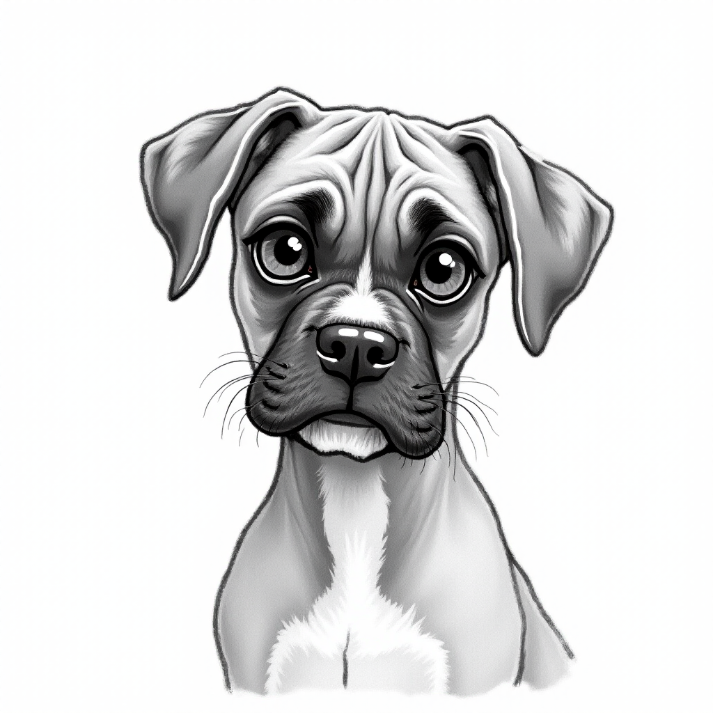 A doodle style pencil sketch illustration of a beautiful young Boxer dog, with large eyes and exaggerated facial features. White background