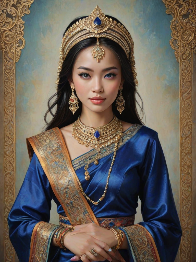 Create a portrait of a beautiful Thai woman with striking blue eyes and a gentle expression. She is adorned in traditional attire with intricate patterns, including a richly embroidered headscarf and matching garments. Her jewelry includes a delicate headpiece, dangling earrings, and ornate bracelets, all featuring vibrant gemstones and detailed metalwork. The background is soft and warm, enhancing the rich colors of her outfit and jewelry.