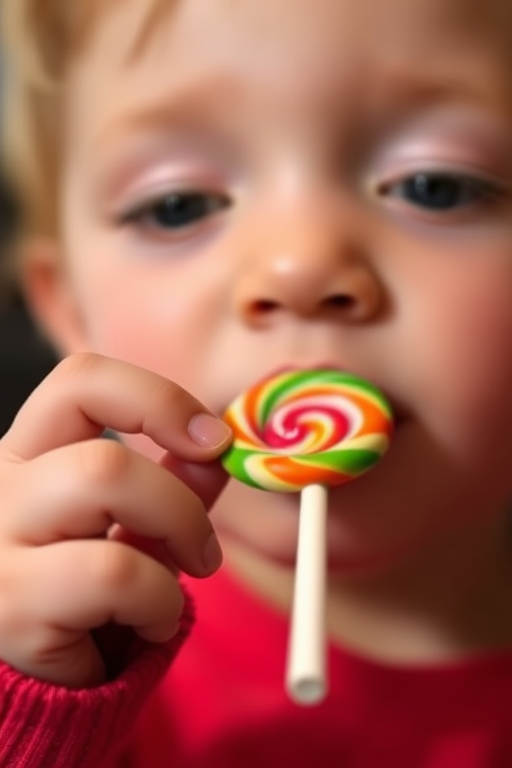 Capture a close-up of a child enjoying a lollipop with a shallow depth of field, using a 50mm lens at f/1.8, ISO 200, shutter speed 1/200s, focused on the child's hand and the candy, with a softly blurred background in low light.