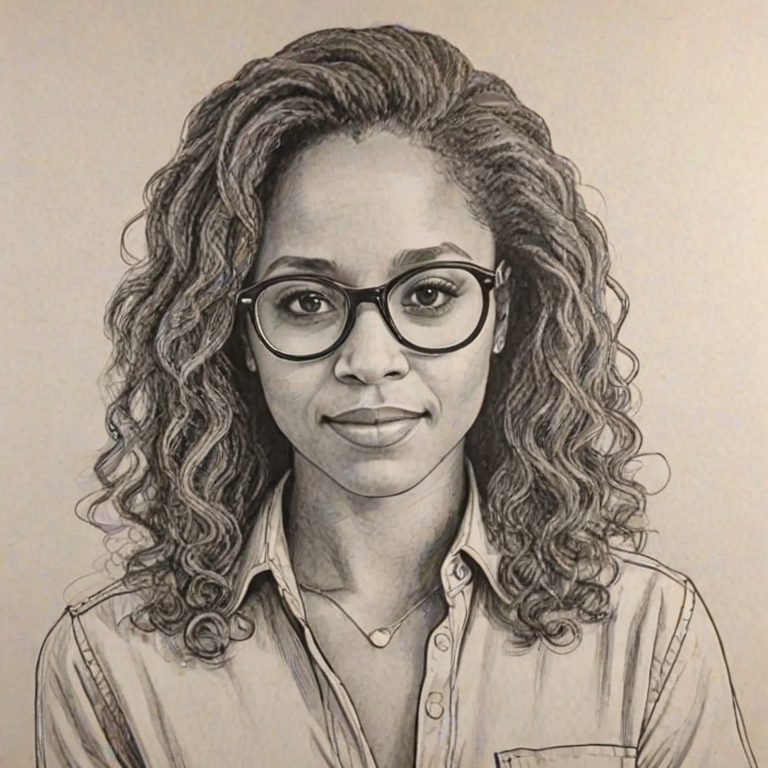 Comely Tracie Thoms, pencil sketch, portrait of Enchanting woman 1970s in glasses, hair style beatnik, outline, clear lines, fine lines, 8k