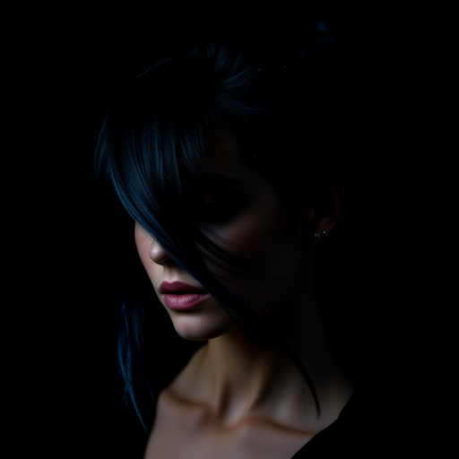 Mysterious dark portrait featuring Midnight Galaxy locks, deep blue-black base with subtle sparkles resembling stars, styled in a sleek updo