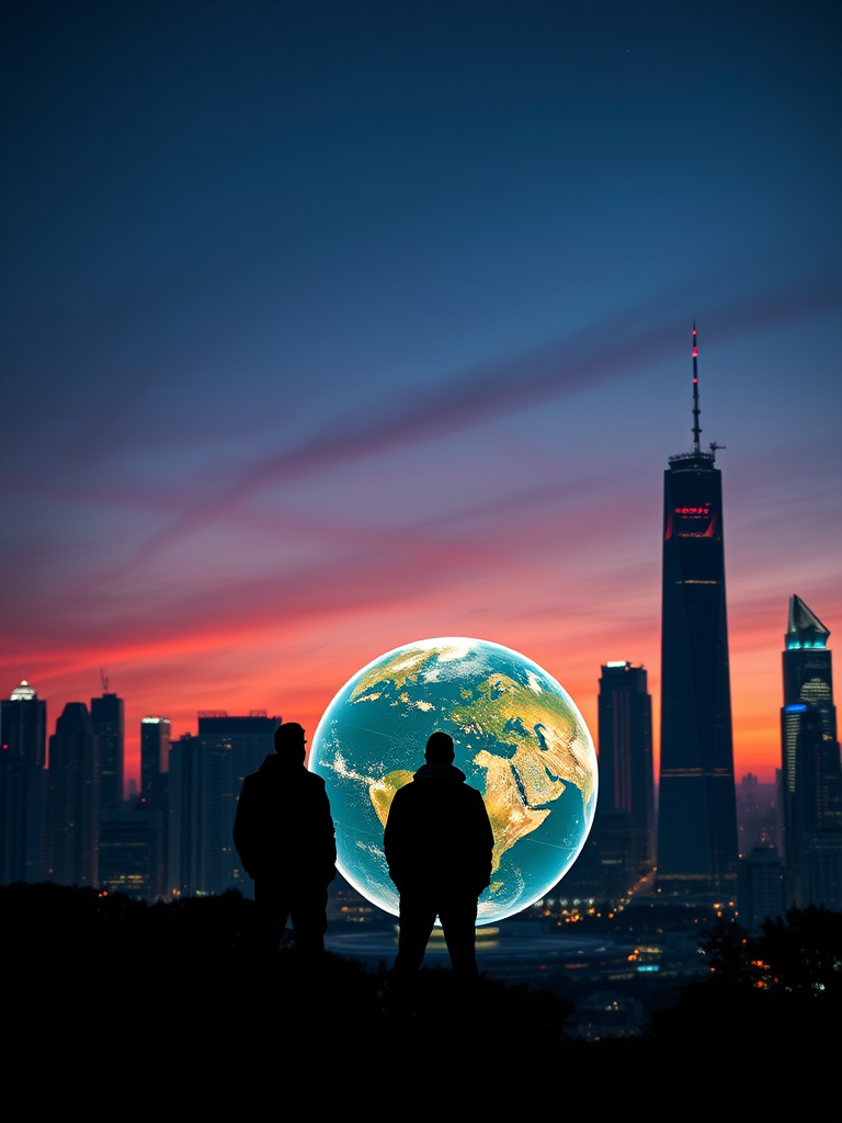 Create a futuristic city skyline at dusk with a glowing globe and two silhouetted figures observing, use a DSLR camera with a 50mm lens, f/1.8 aperture, ISO 100, and a low-angle view for dramatic effect.