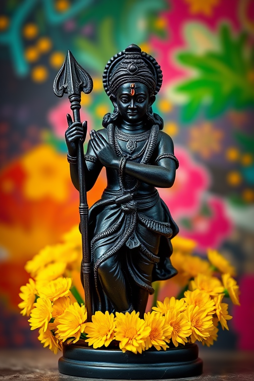 Create a highly detailed, vibrant image of a black statue of Lord Rama holding a bow and arrow, surrounded by a circular arrangement of bright yellow flowers against a colorful abstract background, captured with a DSLR camera at f/2.8, ISO 100, 50mm lens, in portrait mode for sharp focus and rich colors.