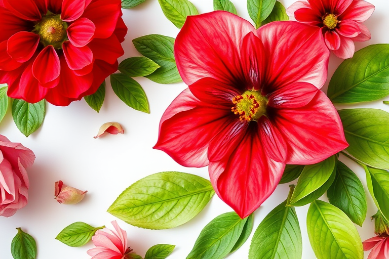 Create a vibrant watercolor floral arrangement with a large red flower and various green leaves, captured with a DSLR camera at f/2.8 aperture, 50mm lens, 1/250 shutter speed, in soft natural light for enhanced colors and details.