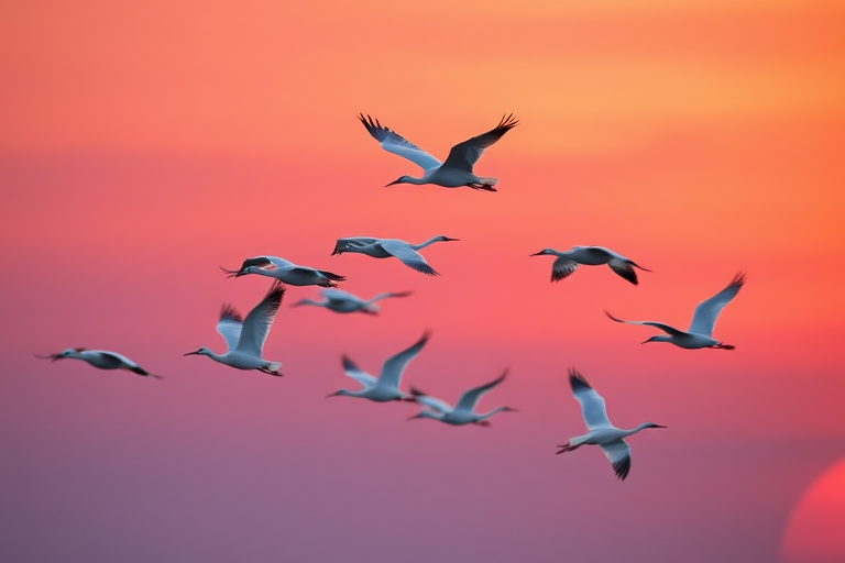 create an image of multiple white cranes in flight against a gradient sunset background with shades of purple, pink, and orange, using a DSLR camera with a 50mm lens, aperture set to f/2.8 for a shallow depth of field, and a shutter speed of 1/1000s for capturing motion clearly, in a high dynamic range style to enhance color vibrancy and detail.