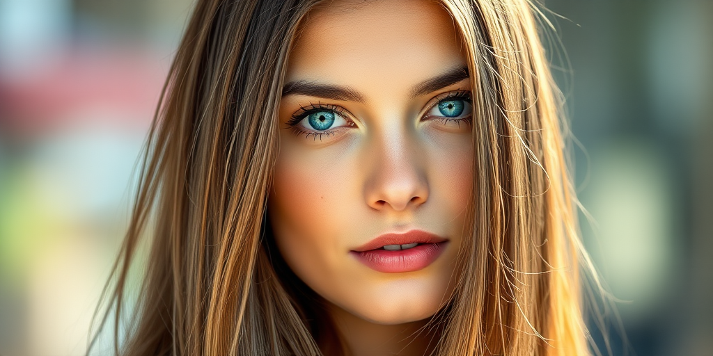 Generate a high-quality portrait of a young woman with long, straight hair and striking blue eyes, styled in a contemporary fashion, use a 50mm lens, f/1.8 aperture, ISO 100, with soft bokeh in the background, captured in natural light for a vibrant and dreamy aesthetic, ensure the colors are vivid and the subject's features are sharp and clear.