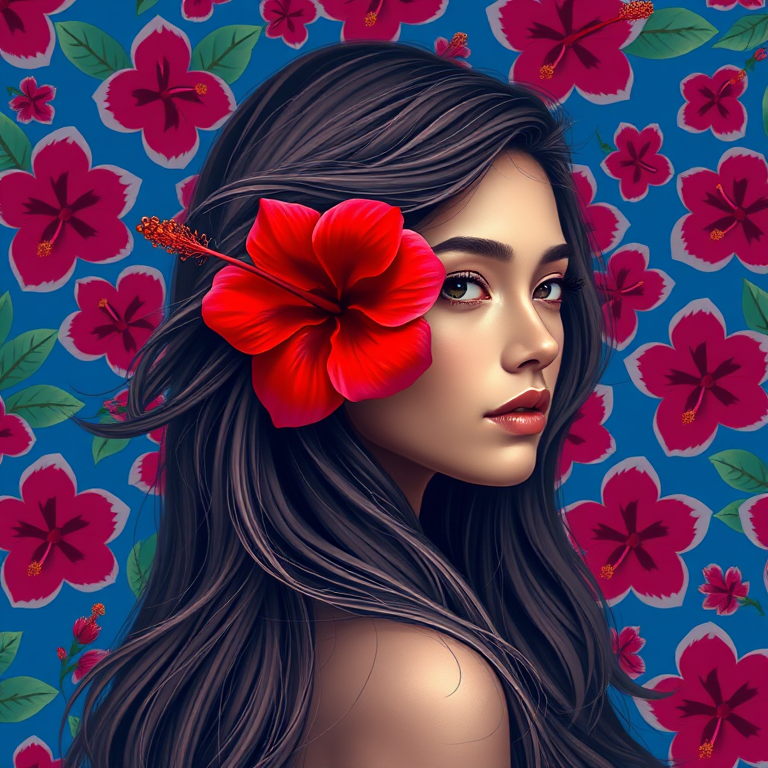 Create a high-resolution digital art portrait of a woman with long flowing hair adorned with a red flower, set against a vibrant blue hibiscus flower pattern background, using a Canon EOS R5 camera with an aperture of f/2.8, ISO 100, and a focal length of 50mm to capture fine details and enhance color saturation.