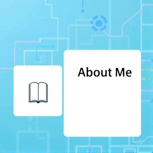 Create a digital illustration of a user interface with a blue background featuring a white rectangular section on the left containing a book icon and a larger white rectangular section on the right with the text "About Me" in bold black font, shot with a Canon EOS R5 at f/2.8, ISO 100, 1/125s, in a flat lay style.
