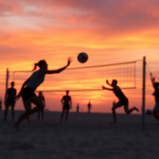 Blurry action shot of a beach volleyball game at sunset, the players silhouettes barely visible against the dramatic orange and pink sky, with soft sand flying as they dive for the ball.