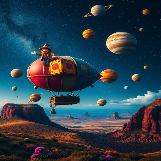 Create a whimsical fantasy scene featuring a colorful airship captained by a cheerful figure in a whimsical hat, surrounded by various planets in a starry sky, with a vibrant landscape below, taken with a Canon EOS R5, 50mm f/1.2 lens, ISO 100, f/8, 1/200s, with a wide-angle view and high dynamic range.