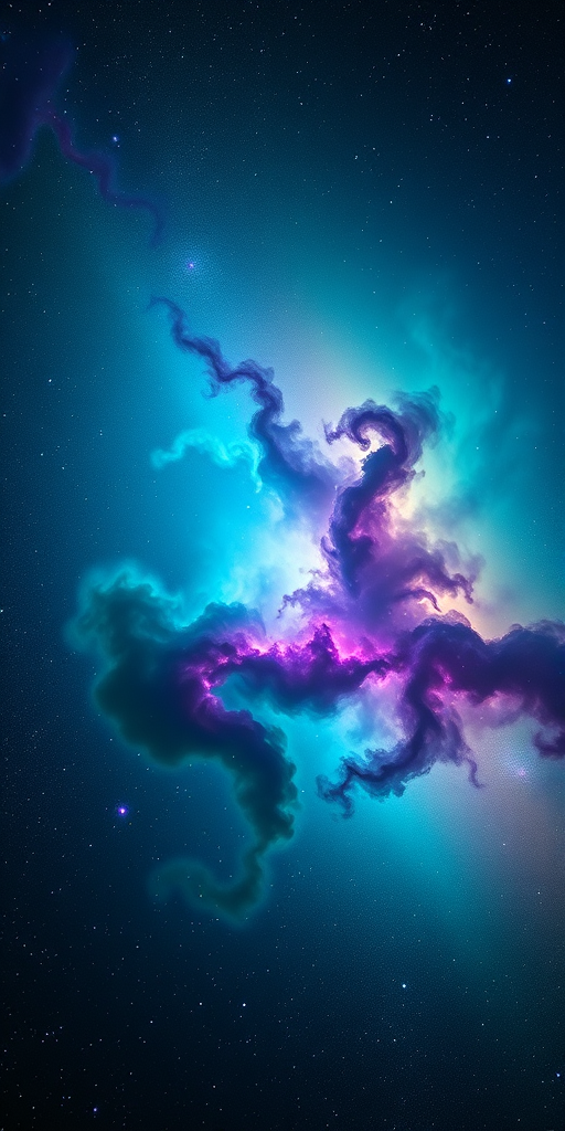 A vibrant nebula in deep space with swirling clouds of green, blue, and purple hues, captured with a Canon EOS R5, 24mm lens, f/2.8 aperture, ISO 800, shot at a long exposure of 30 seconds to enhance star detail and color depth.