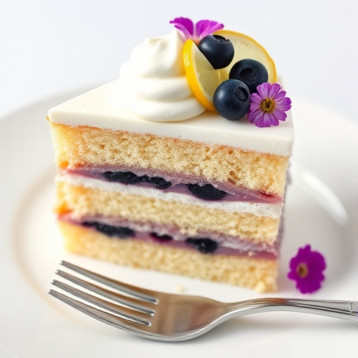 A slice of layered cake with fluffy frosting blueberries and edible flowers on top served on a white plate with a fork beside it. The cake has three visible layers with a light yellow sponge and a purple filling. The top is decorated with a dollop of cream a slice of lemon and fresh blueberries.