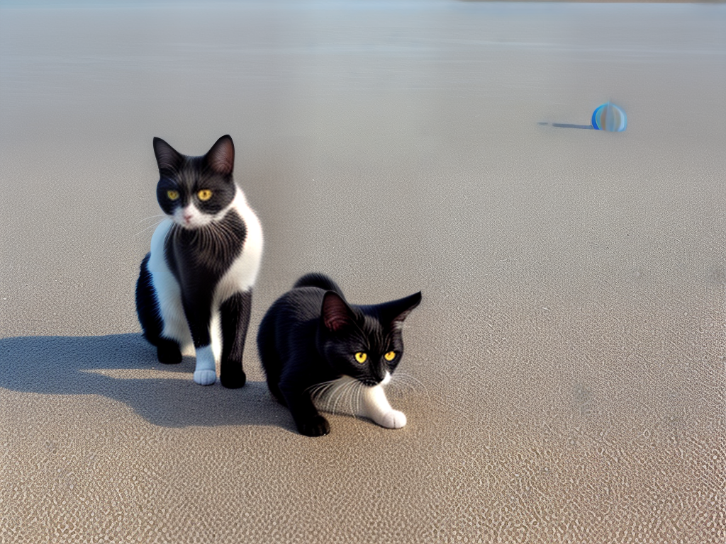 design a black and white cat on the beach playing with an umbrella