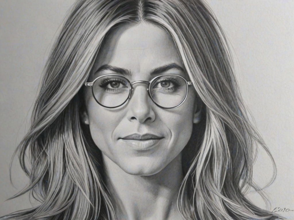 Resplendent Jennifer Aniston, pencil sketch, portrait of Superb woman 1969s in glasses, hair style beatnik, outline, clear lines, fine lines, 8k